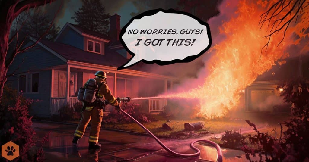 An illustration of a fireman using a flamethrower on a house fire