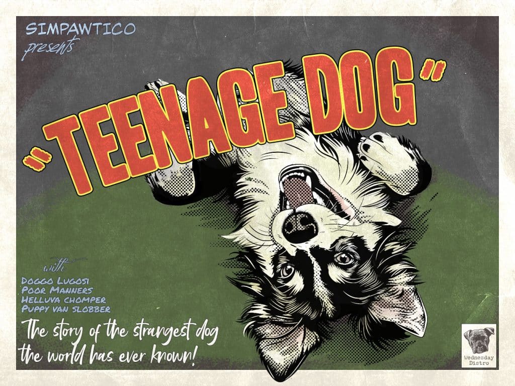 Vintage horror inspired graphic of a teenage dog lying on his back